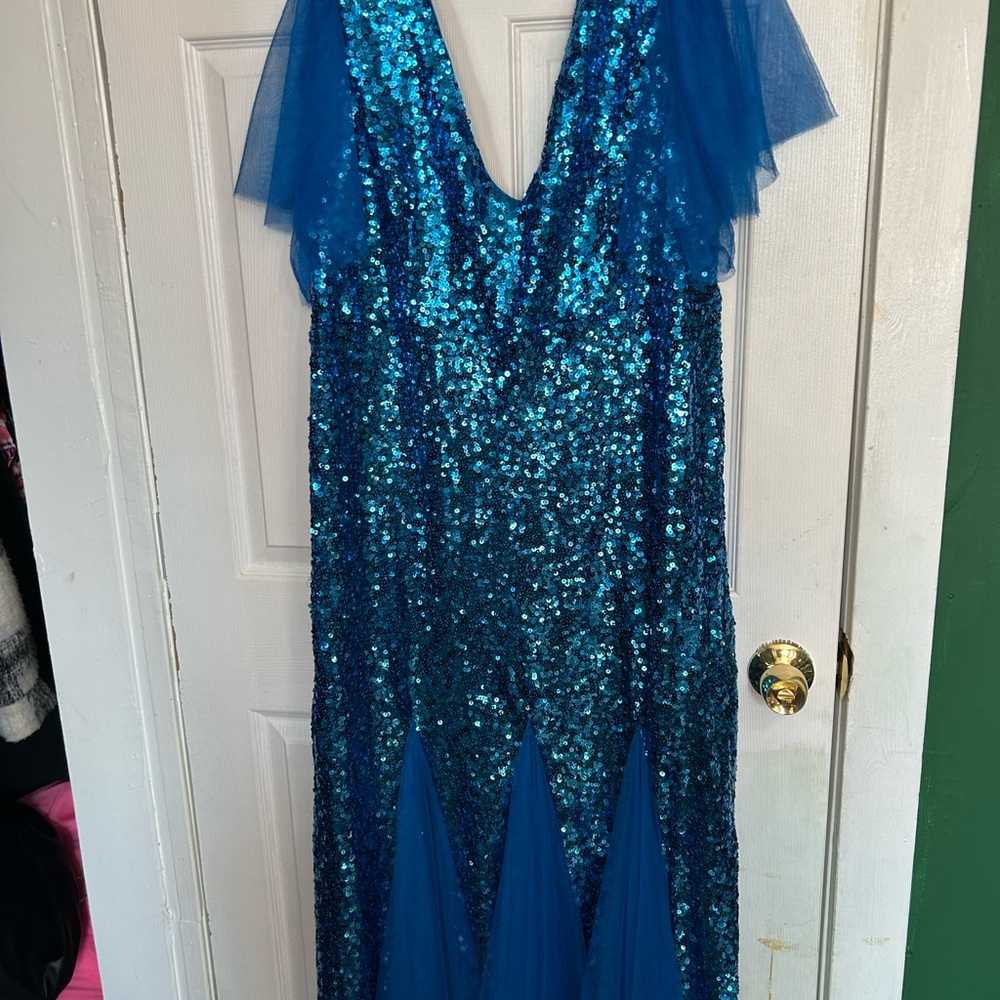 Blue Sequin Gown with Tulle Sleeves